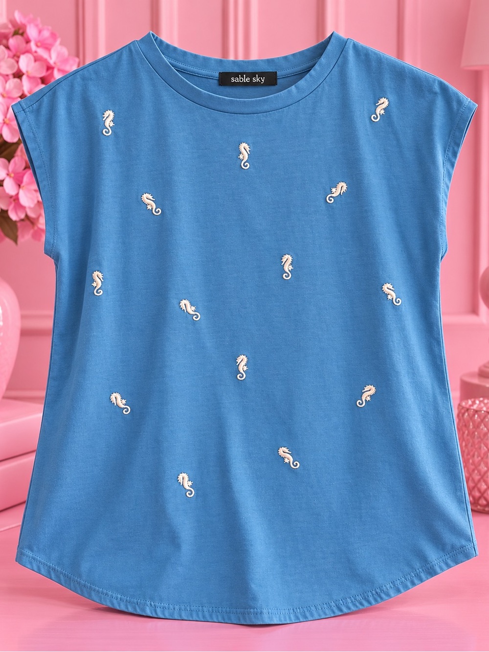 Sable Sky Blue Short Sleeve Tee with White Seahorse Embroidery